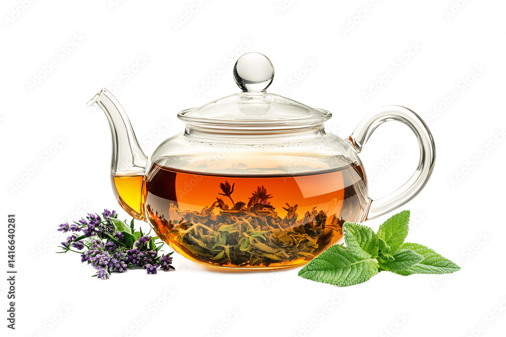 A calming glass teapot brimming with fragrant herbal tea, infused with lavender and mint, promises a moment of serene relaxation against a pure white background. A calming glass teapot brimming with fragrant herbal tea, infused with lavender and mint, promises a moment of serene relaxation against a pure white background.