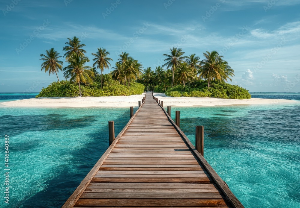 Fototapeta premium Serene Tropical Island with Wooden Jetty Leading to the Clear Turquoise Waters and Lush Palm Trees Under a Bright Blue Sky