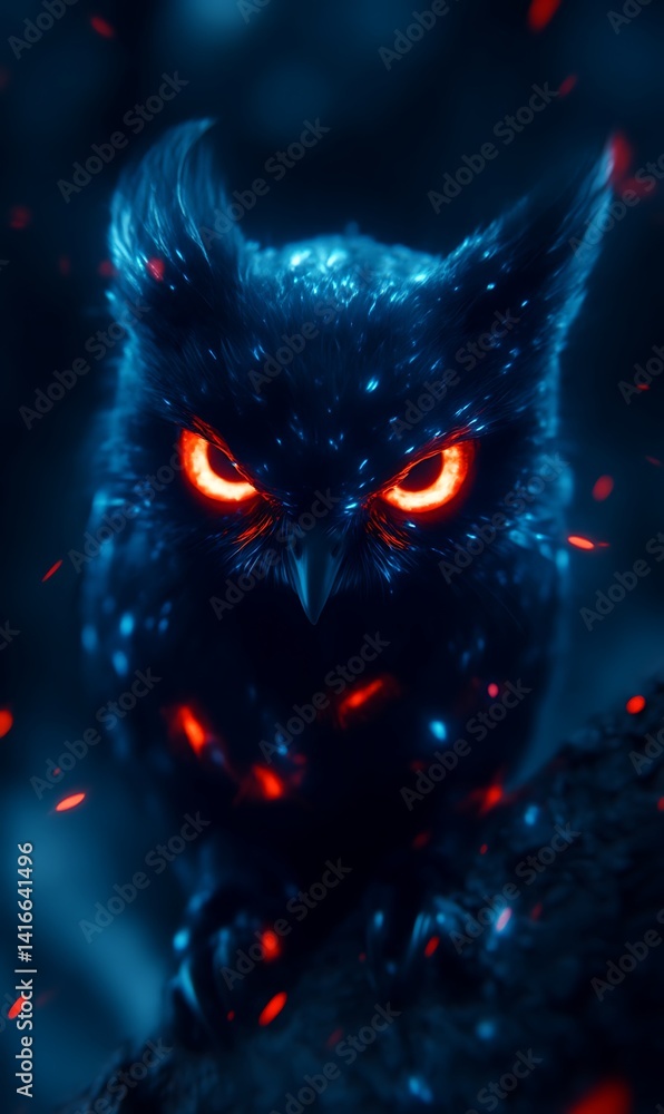 Mystical Owl with Glowing Eyes Perched in the Dark Forest Mystical Owl with Glowing Eyes Perched in the Dark Forest