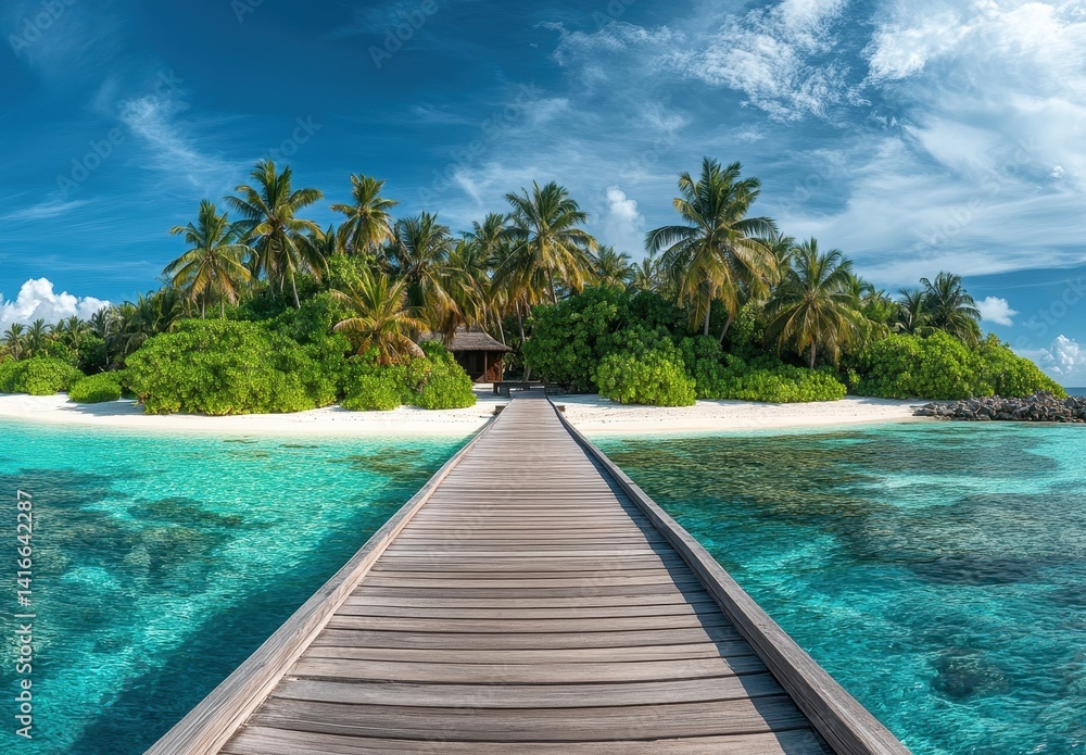 Fototapeta premium Serene Tropical Paradise with Wooden Pier Leading to Lush Green Island Surrounded by Clear Turquoise Water and Blue Sky with Fluffy White Clouds