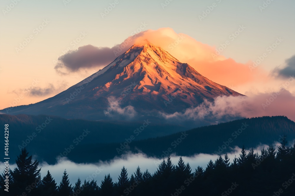Fototapeta premium Majestic Mountain Sunrise: Witness the breathtaking beauty of a towering mountain peak kissed by the soft hues of dawn, shrouded in mist, creating an aura of serenity and awe.