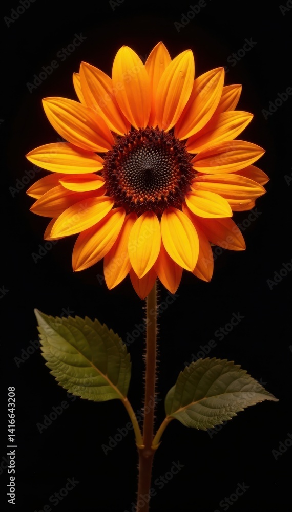 Fototapeta premium Fiery sunflower, glowing embers, black backdrop, surreal, night, power