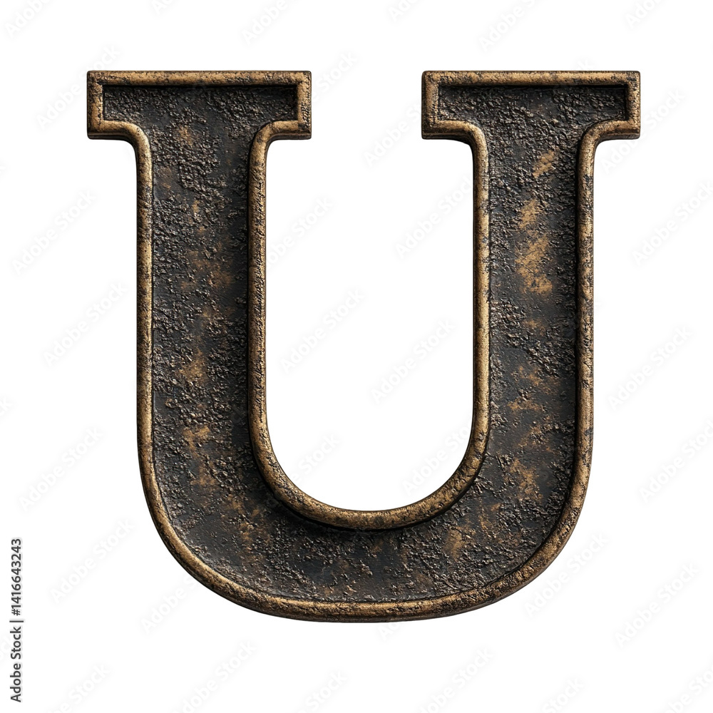 Top view of a 3D letter U made of Bronze metal isolated on a white transparent background Top view of a 3D letter U made of Bronze metal isolated on a white transparent background