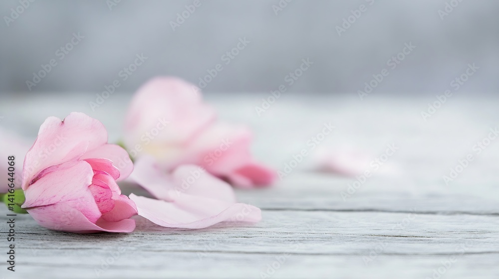 Delicate Pink Flower Petals on Weathered Wooden Surface in Soft Natural Light : Generative AI Delicate Pink Flower Petals on Weathered Wooden Surface in Soft Natural Light : Generative AI