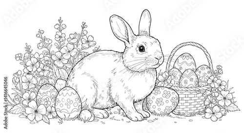 Detailed Bunny Outline Surrounded by Decorated Easter Eggs and Blooming Spring Flowers Coloring Page Art