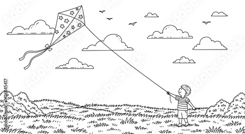 Detailed Outline of Child Flying Soaring Kite in Grassy Field Under Open Sky Coloring Page Design