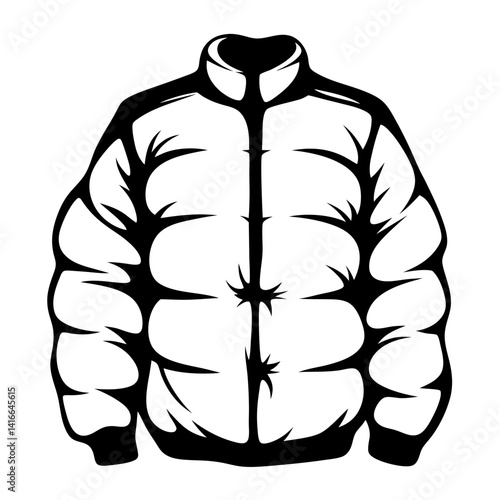 Stylized black and white vector illustration of a puffer jacket with collar