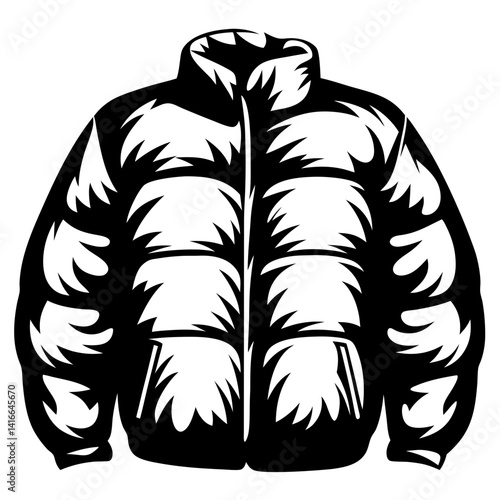 Stylized black and white vector illustration of a winter puffer jacket