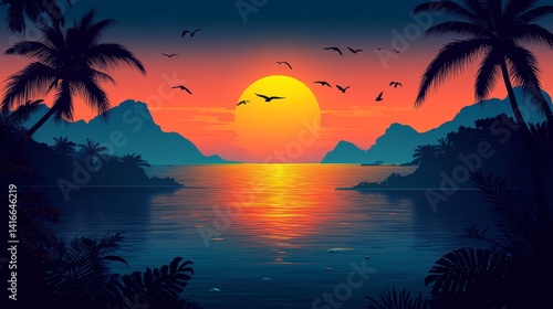 Tropical pixel art landscape with vibrant sunset colors reflecting on calm ocean waters featuring silhouetted palm trees and distant mountains