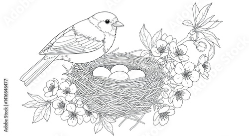 Detailed Bird Outline on Nest with Eggs Blooming Branch Blossoms and Leaves Coloring Page Spring Nature Art