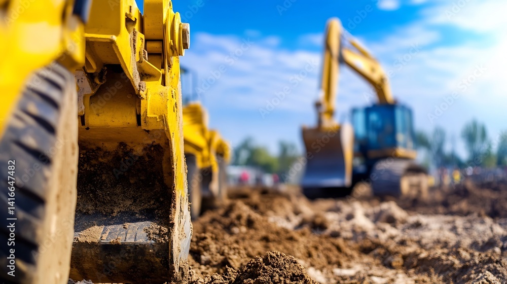 Close Up View of Construction Equipment during Project with Blue Sky and Clouds in Background : Generative AI Close Up View of Construction Equipment during Project with Blue Sky and Clouds in Background : Generative AI