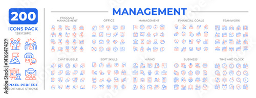 Management two color line icons set collection. Corporate workflow planning. Business activity coordination bicolor outline mega pack isolated, pixel perfect. Duotone thin lineart. Editable stroke
