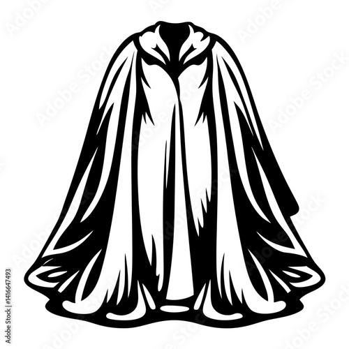 Elegant black and white drawing of a flowing cape or cloak garment