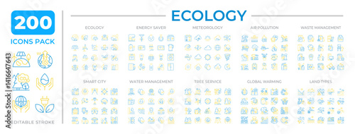 Ecology two color line icons set collection. Sustainable technology in routine life. Environmental friendly bicolor outline mega pack isolated, pixel perfect. Duotone thin lineart. Editable stroke