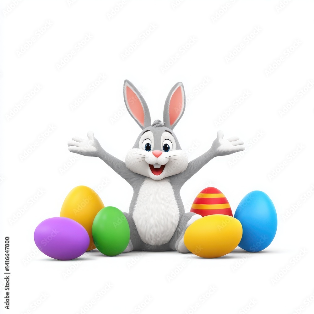 Obraz premium Cartoon rabbit with easter eggs isolated on white background
