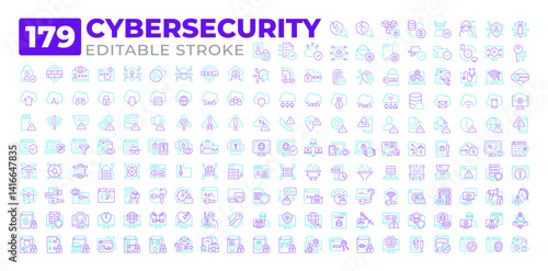 Cybersecurity two color line icons set collection. Protecting systems and programs. Digital attacks preventing software bicolor outline mega pack isolated. Duotone thin lineart. Editable stroke