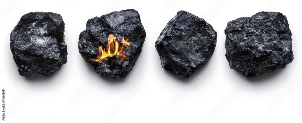 Four coal rocks, one burning, on white backdrop Four coal rocks, one burning, on white backdrop