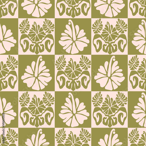 Floral matisse seamless pattern with hibiscus flowers and palms. Tile background in groovy 60s 70s vibes.
