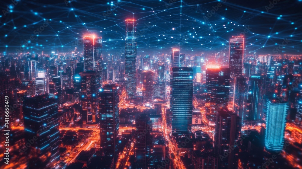 Fototapeta premium Night Cityscape with Illuminated Network Connections