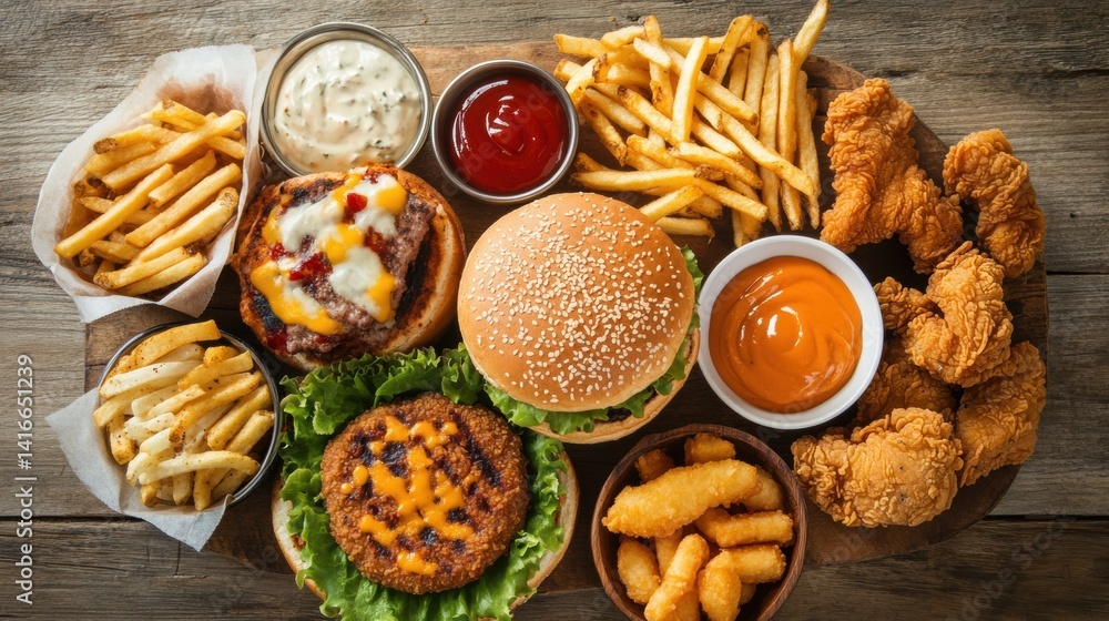 High angle view of diverse fast food meal delicious fried chicken french fries and burger selection High angle view of diverse fast food meal delicious fried chicken french fries and burger selection