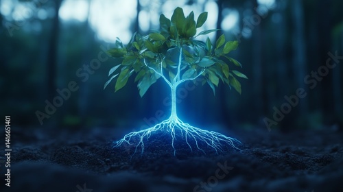 Digital tree glowing in a forest illuminated by bioluminescent roots during twilight hours