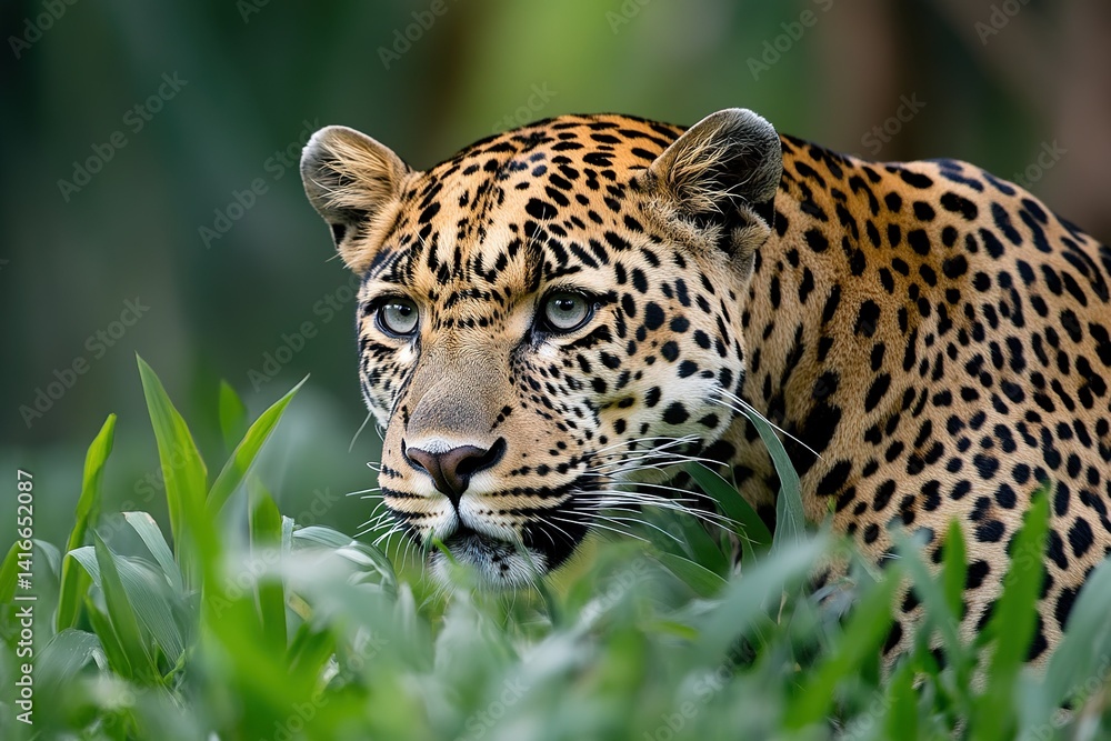 Obraz premium A sleek and agile leopard crouched low in the grass, its spotted coat blending with nature