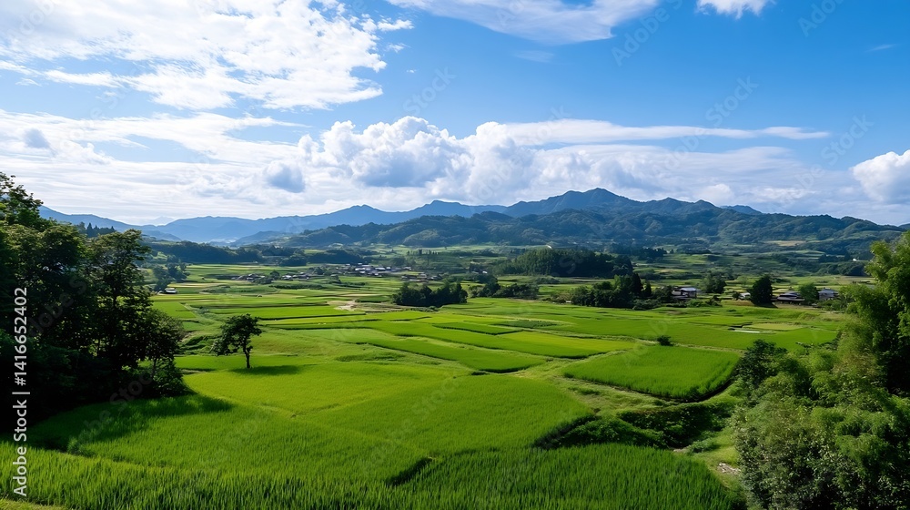 Fototapeta premium Breathtaking Lush Green Rice Fields Surrounded by Majestic Mountains Under a Bright Blue Sky : Generative AI