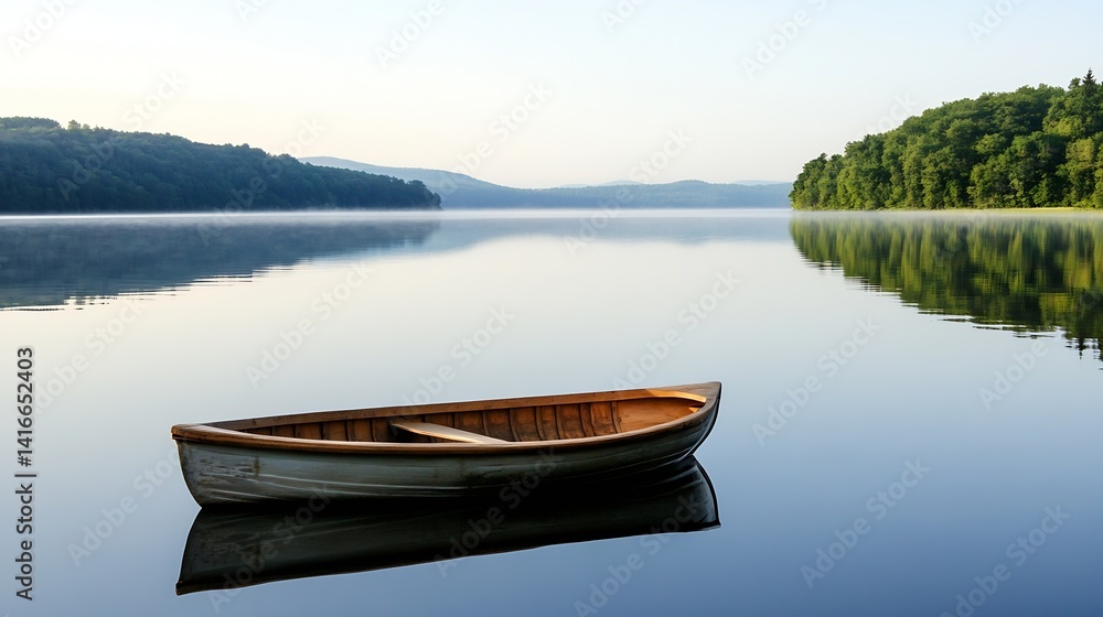 Tranquil Empty Wooden Boat on a Calm Lake Surrounded by Lush Green Forests at Dawn : Generative AI Tranquil Empty Wooden Boat on a Calm Lake Surrounded by Lush Green Forests at Dawn : Generative AI