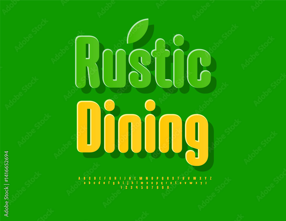 Fototapeta premium Vector Ecologic flyer Rustic Dining. Elegant Digital Font. Green Sticker Alphabet Letters and Numbers set.