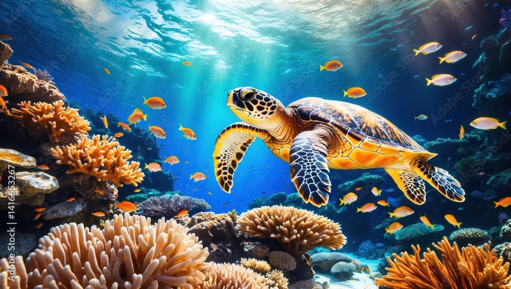 Sea Turtle Swimming Through Coral Reef Ecosystem with Sunlight Streams Sea Turtle Swimming Through Coral Reef Ecosystem with Sunlight Streams