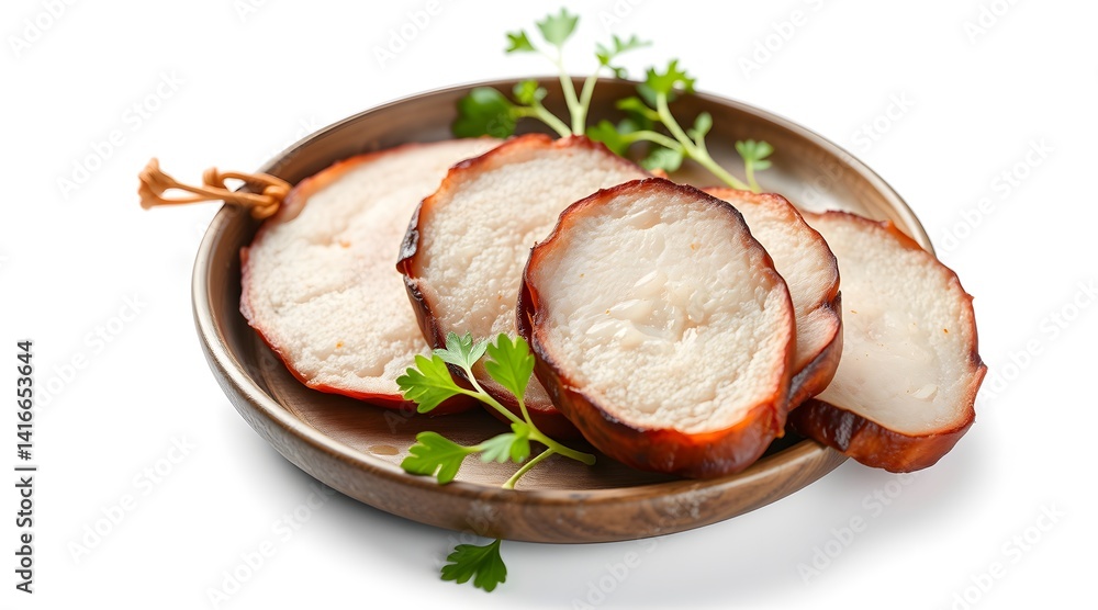 High-Resolution Close-Up of Sliced Meat Cutlets with Garnish Isolated on White Background – Stock Food Photo High-Resolution Close-Up of Sliced Meat Cutlets with Garnish Isolated on White Background – Stock Food Photo