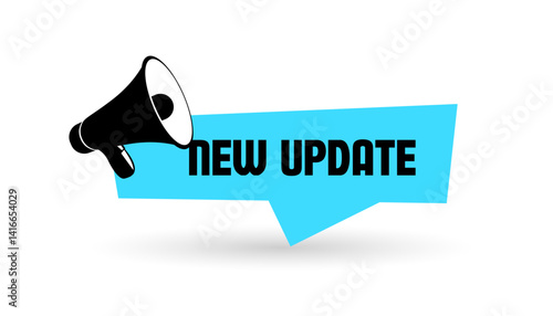 blue bright banner with new update with black megaphone and shadow