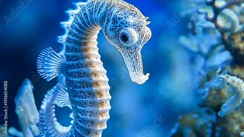 A pale seahorse with intricate details against a deep blue ocean backdrop