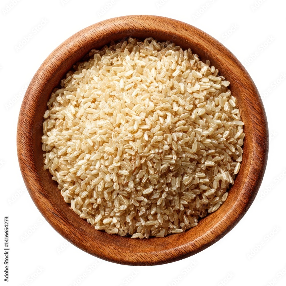 Rice in wooden bowl, top view on white background Rice in wooden bowl, top view on white background