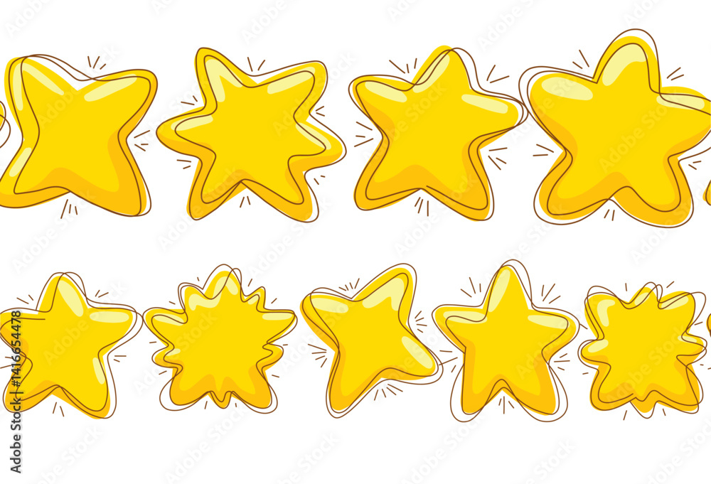 Vector set of seamless borders with various cartoon stars with scribble strokes. Magical horizontal frieze with yellow stars for frames and brushes Vector set of seamless borders with various cartoon stars with scribble strokes. Magical horizontal frieze with yellow stars for frames and brushes