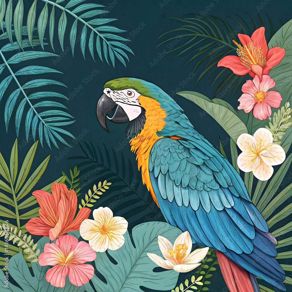 Fototapeta premium Blue and Gold Macaw Tropical Bird Artwork: Vibrant Floral Background on transparent background