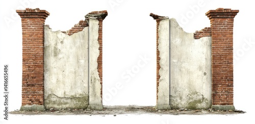 Fototapeta Naklejka Na Ścianę i Meble -  Ruined brick pillars and wall sections, isolated on white background.  Decaying structure shows age and damage