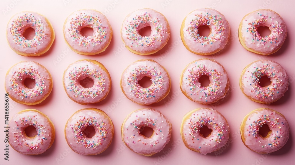 Pink frosted donuts grid pattern food photography Pink frosted donuts grid pattern food photography