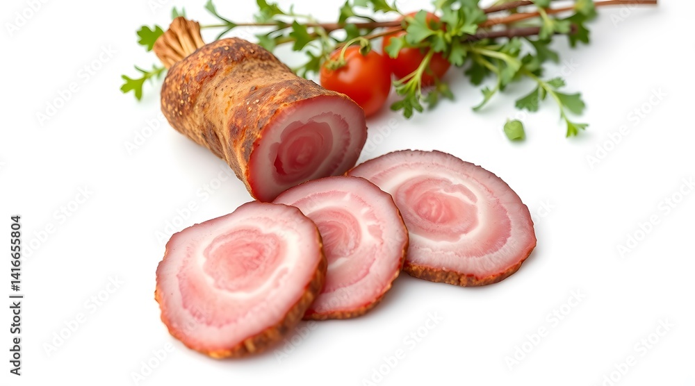 High-Resolution Close-Up of Sliced Meat Cutlets with Garnish Isolated on White Background – Stock Food Photo High-Resolution Close-Up of Sliced Meat Cutlets with Garnish Isolated on White Background – Stock Food Photo