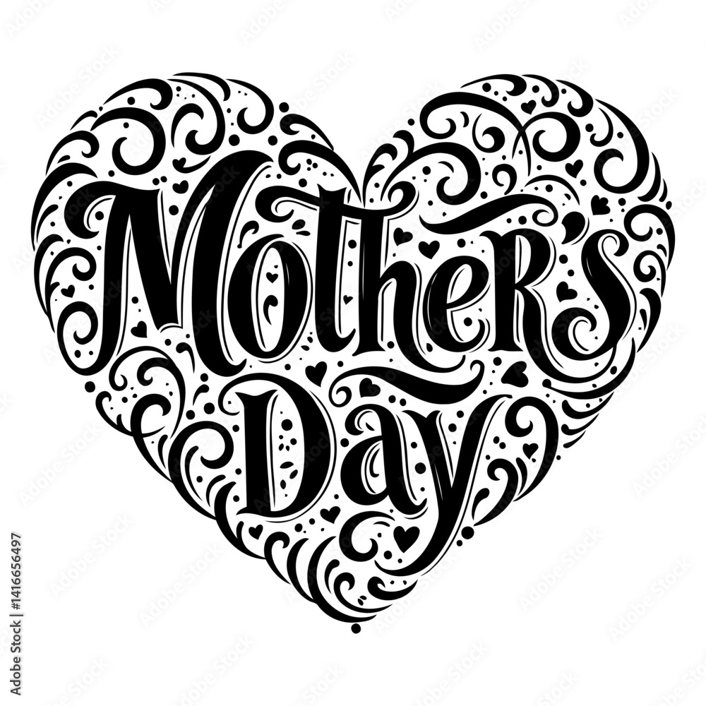 Naklejka premium Ornate heart-shaped Mother's Day lettering design, perfect for marketing or greeting card templates; black and white style.
