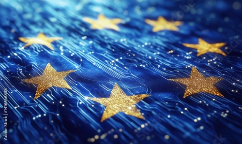 European Union flag with glowing stars and digital background effects