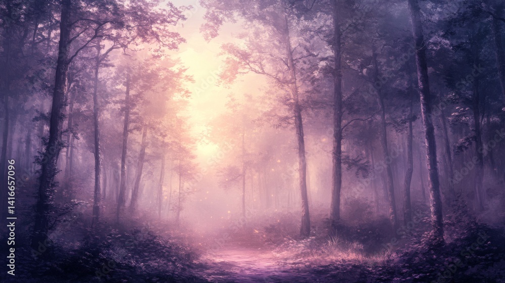Fototapeta premium Purple Mist Forest Path: Dreamlike Sunrise Landscape