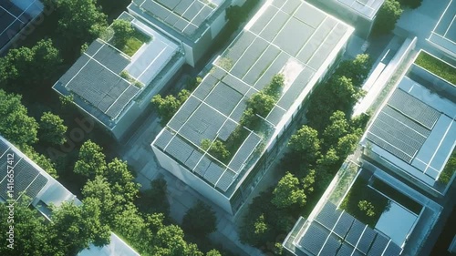 Aerial view of modern green city with solar panels on rooftops, sustainable energy concept