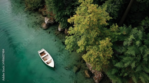 Wallpaper Mural Serene River Scene  Rowboat  Lush Green Foliage  Aerial View Torontodigital.ca