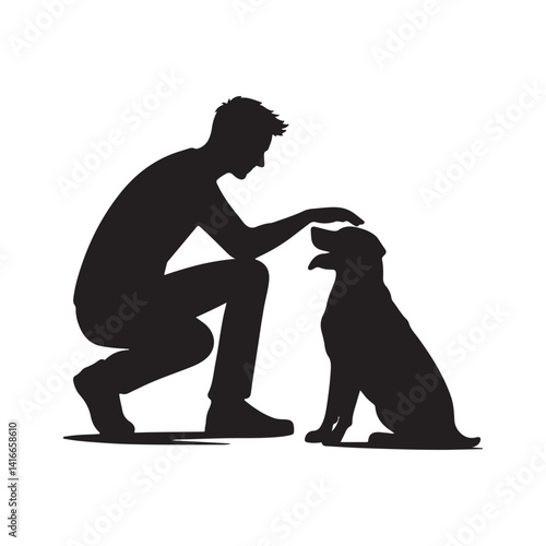 man petting a dog black silhouette isolated on white background