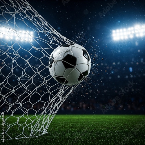 A soccer ball hits a goal net under stadium lights at night, with dirt particles flying and a green field below.