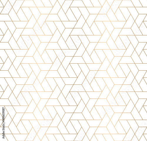Seamless gold triangle tessellation grid line pattern, hexagon repeat background, modern luxury style graphic design.