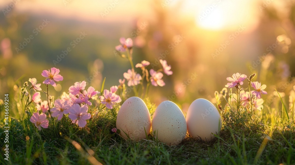 Three eggs are sitting on the grass in a field of flowers Three eggs are sitting on the grass in a field of flowers