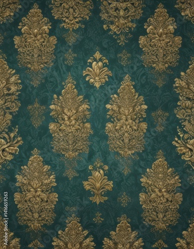 Intricate gold damask on deep teal, seamless repeat , interior, home, wallpaper
