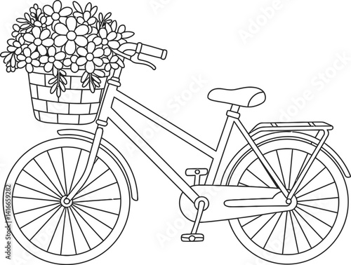 Bicycle Coloring Page Outline with Flower Basket Attached to Handlebars Kids Creative Activity Sheet Illustration